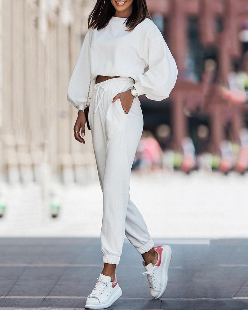 

Lantern Sleeve Top & Pocket Design Pants Set, White