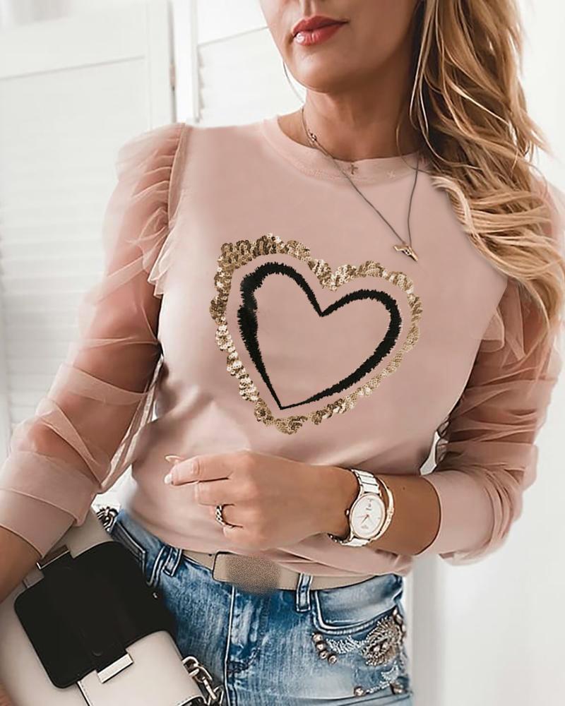 

Sequins Heart Pattern Sheer Mesh Puff Sleeve Women Top, Pink