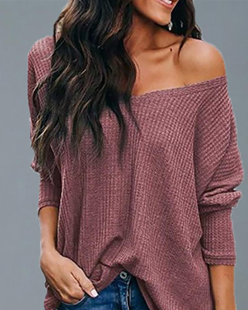 

Solid V Neck Long Sleeve Loose Blouse, Wine red