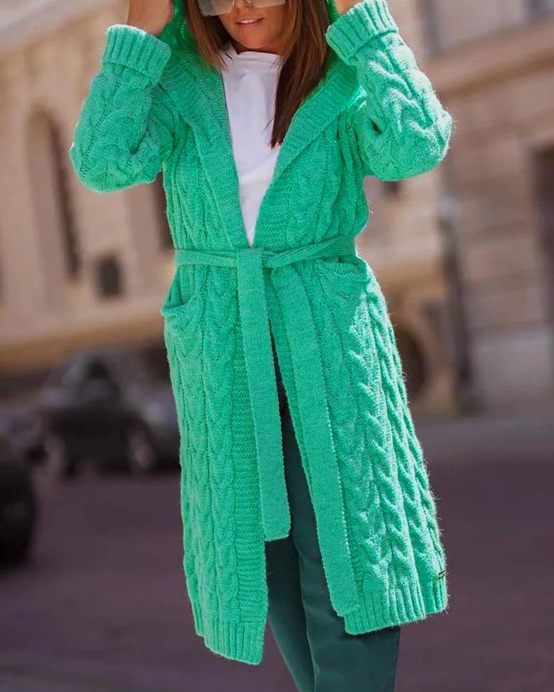 

Cable Knit Pocket Design Hooded Cardigan, Green