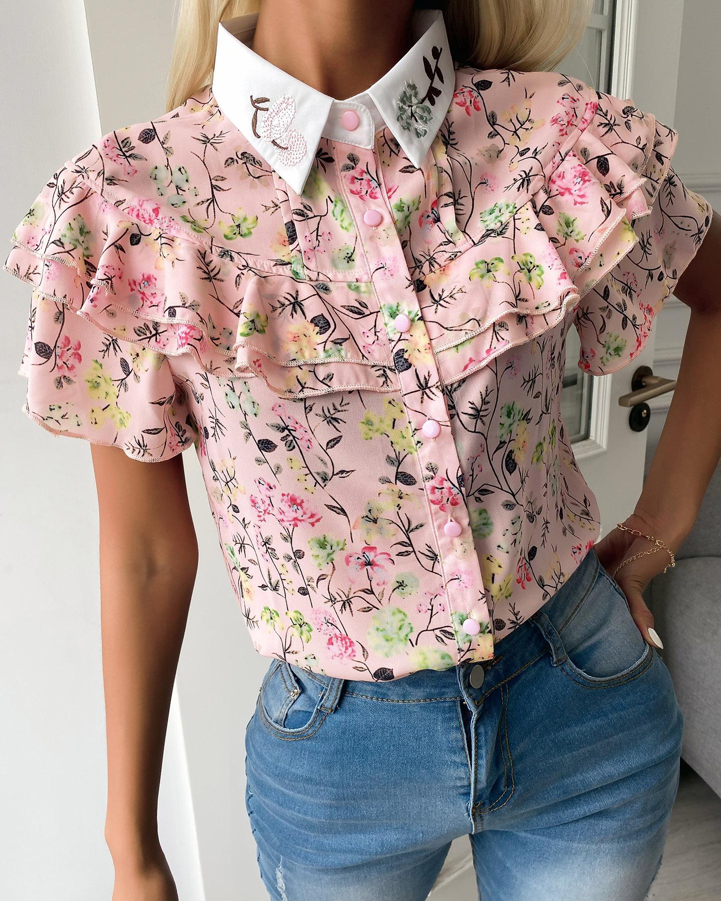

Ditsy Floral Print Ruffle Hem Short Sleeve Top, Pink