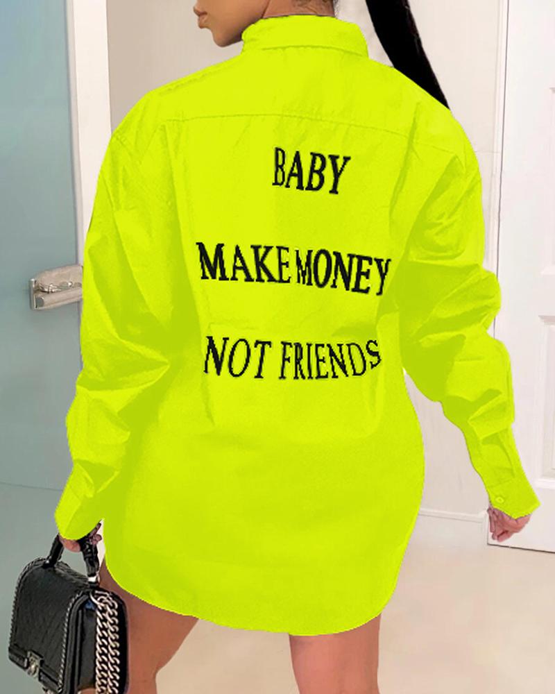 

Letter Print Casual Shirt Dress, Yellow