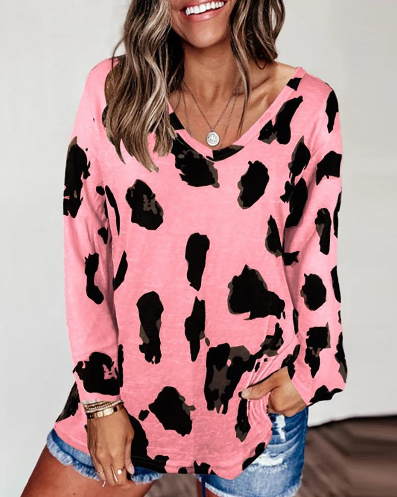 

Cheetah Print Colorblock Long Sleeve Casual Top, Pink