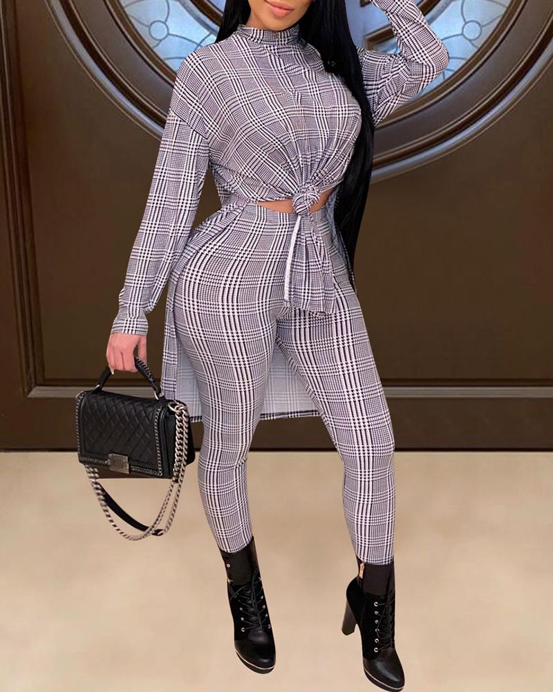 

Plaid Print Top & Skinny Pants Set, White