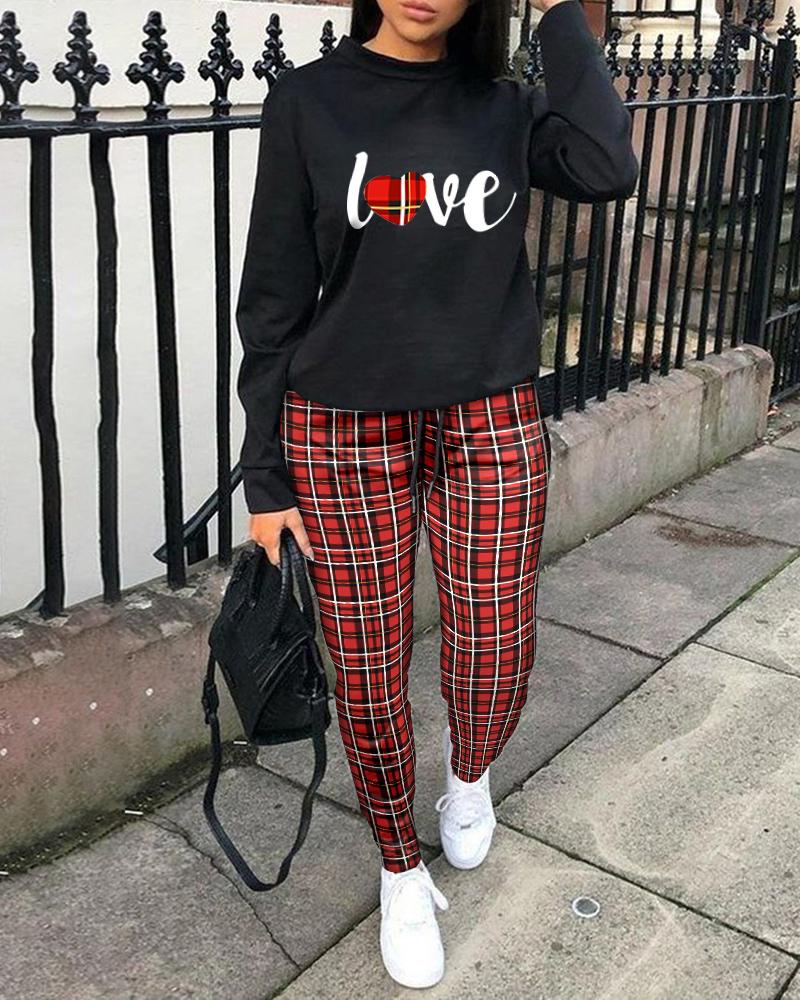 

Plaid Letter Print Top & Drawstring Pants Set, Black
