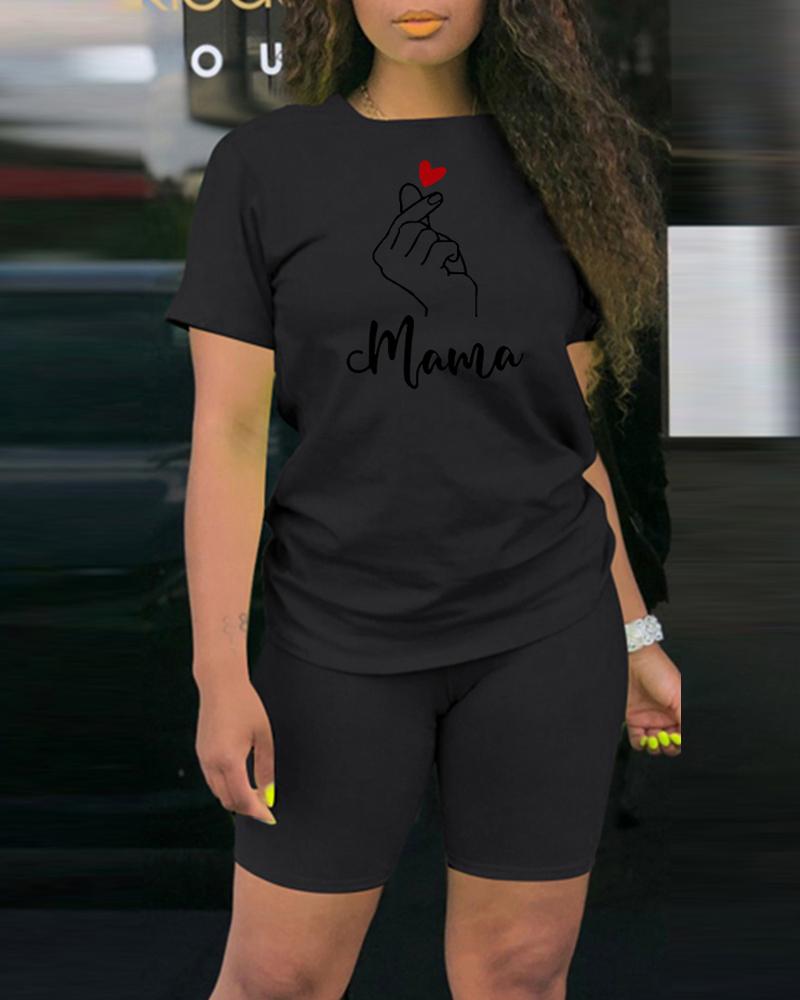 

Mother' Day Letter Heart Print Casual Top & Shorts Set, Black