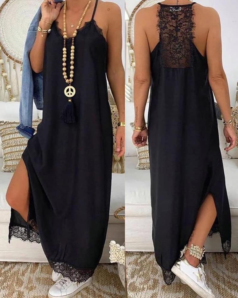 

Lace Trim Spaghetti Strap Maxi Dress, Black