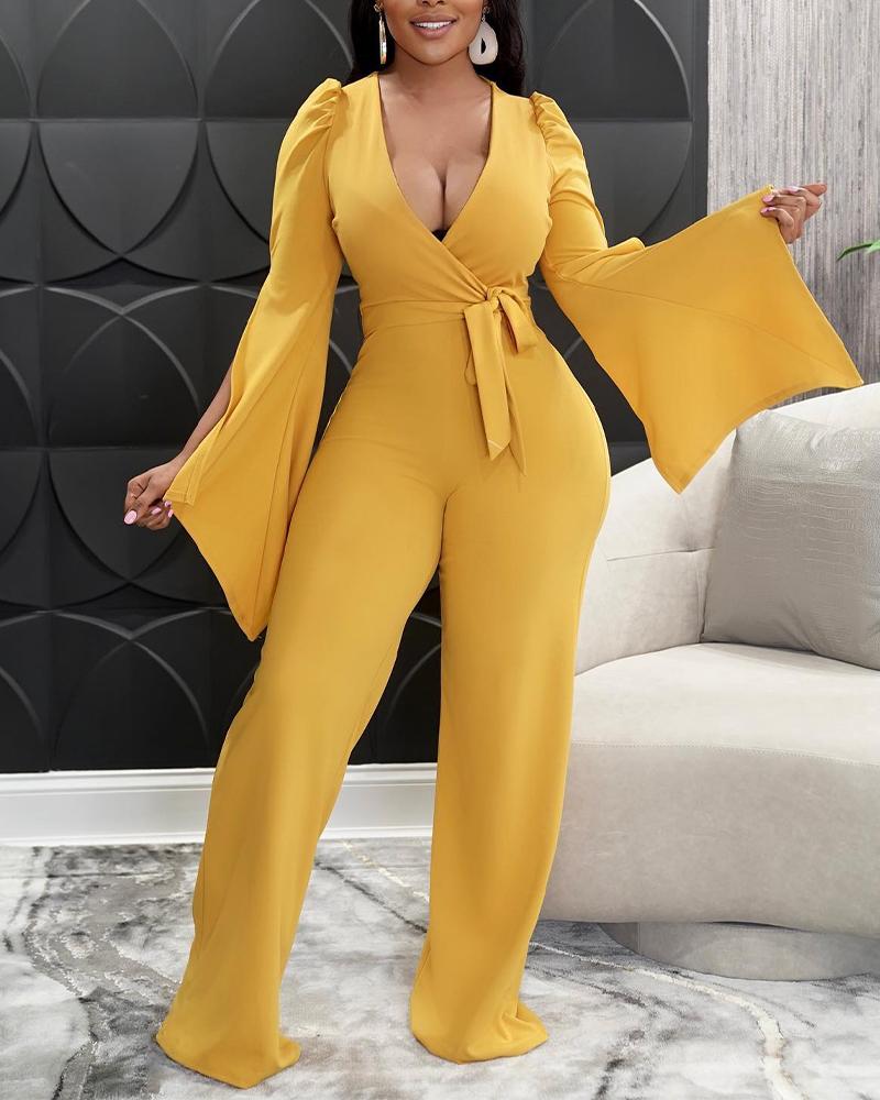 

Tied Detail Split Puff Sleeve Jumpsuit, Yellow
