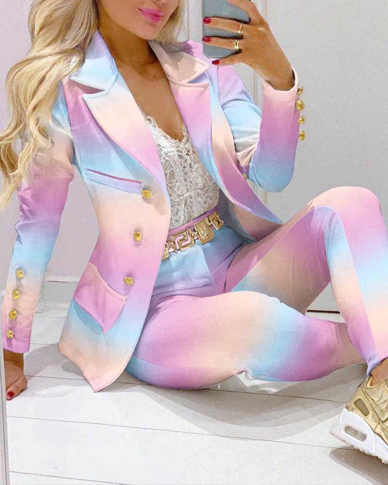 

Two Piece Sets Ombre Print Lapel Collar Double Breasted Blazer & Tailored Pants Set Elegant Work Suit Set, Multicolor