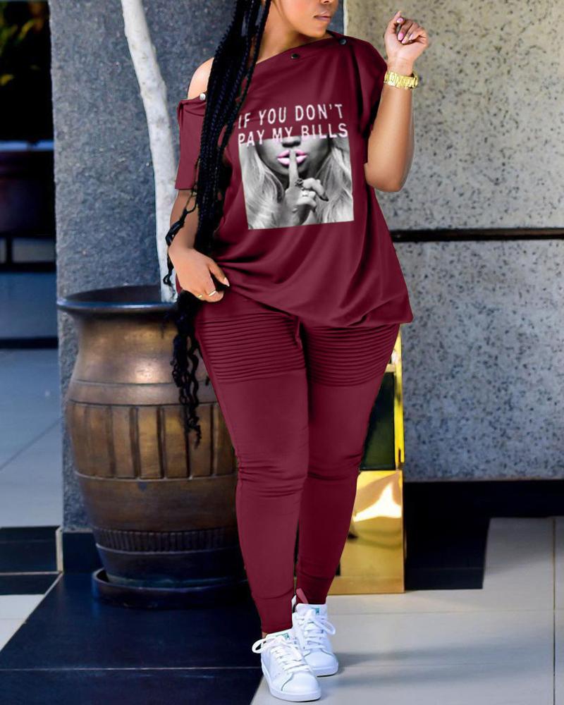 

Slogan Print Casual Top & Pants Set, Wine red