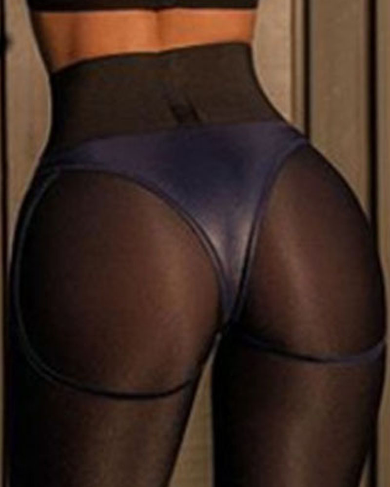 

Contrast Paneled High Waist Butt Lifting Sports Yoga Pants, Purplish blue