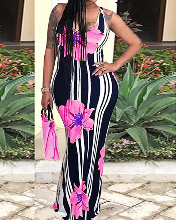 

Sexy Floral Print Striped Bodycon Maxi Dress, Pink