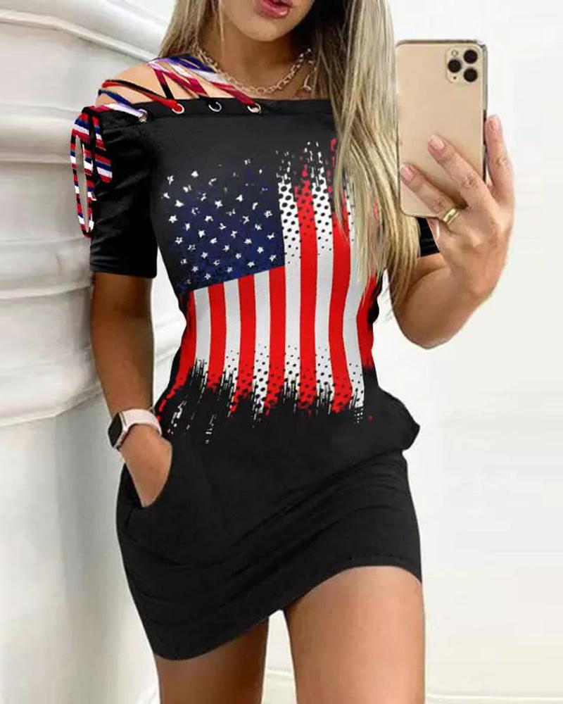 

Flag Print Grommet Eyelet Lace-up Cold Shoulder Mini Dress, Black