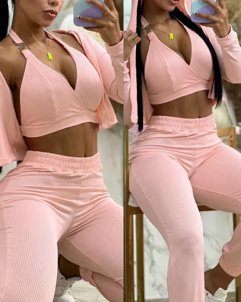 

3PCS Halter Crop Top & Pants Set With Coat, Pink