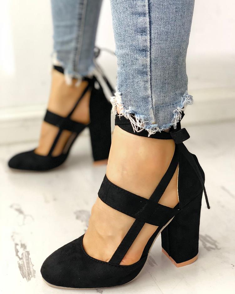

Fashion Caged Chunky Heels Shoes, Black