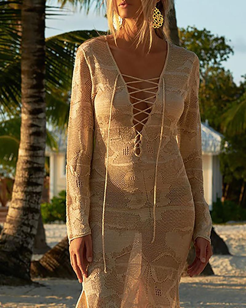 

Lace Up Plain Long Sleeve Cover Up, Khaki