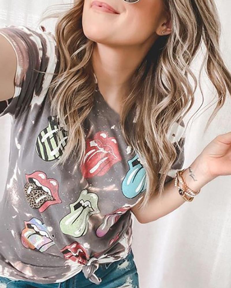 

Lip Print Hollow Out Casual T-shirt, Gray