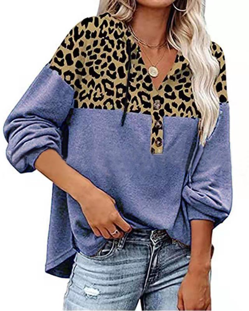 

Cheetah Print Colorblock Long Sleeve Hooded Top, Blue