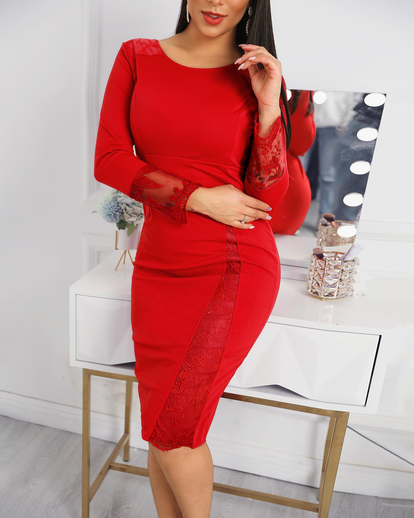 

Mesh Lace Detail Embroidery Midi Dress, Red