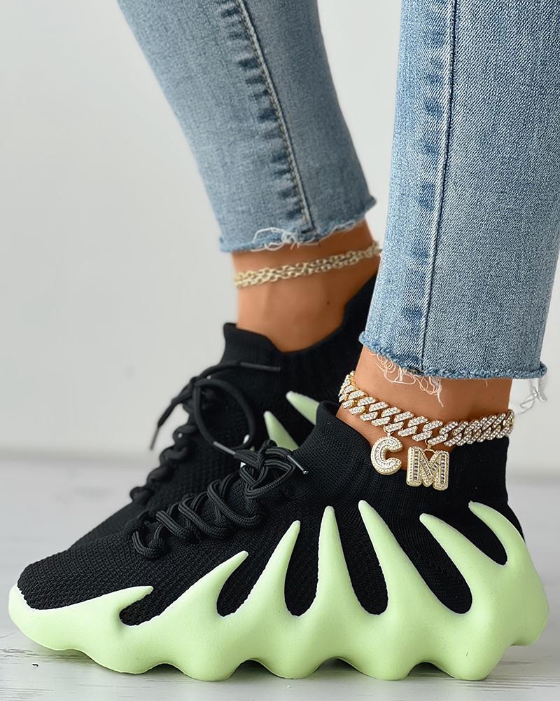 

Contrast Paneled Lace-up Knit Octopus Sneakers, Green