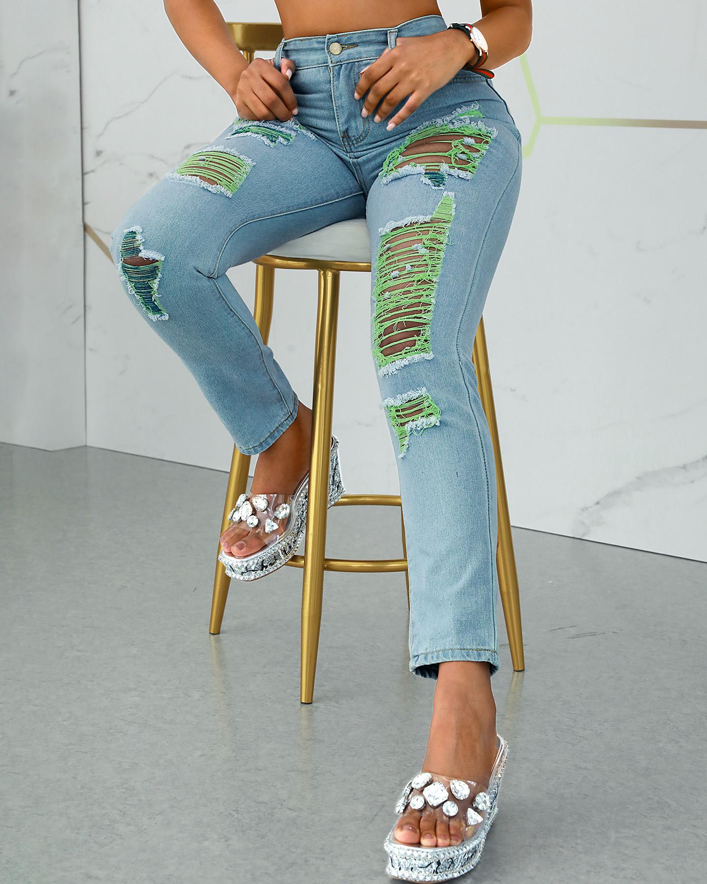 

Colorblock Ripped Cutout Casual Jeans, Green