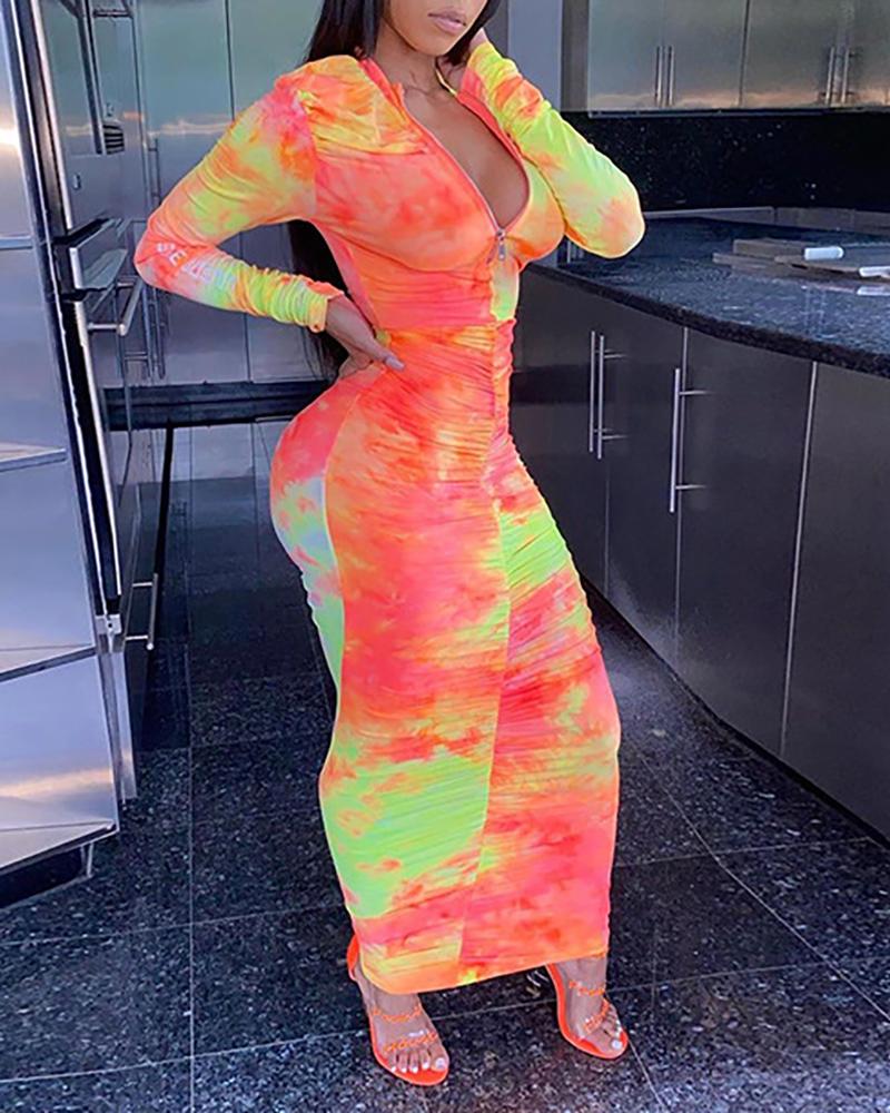 

Tie Dye Print Zipper Front Ruched Maxi Dress, Orange
