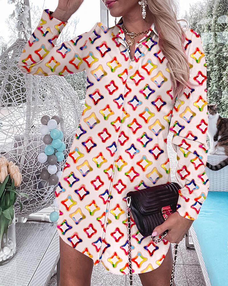 

Geo Pattern Print Button Design Shirt Dress, Multicolor