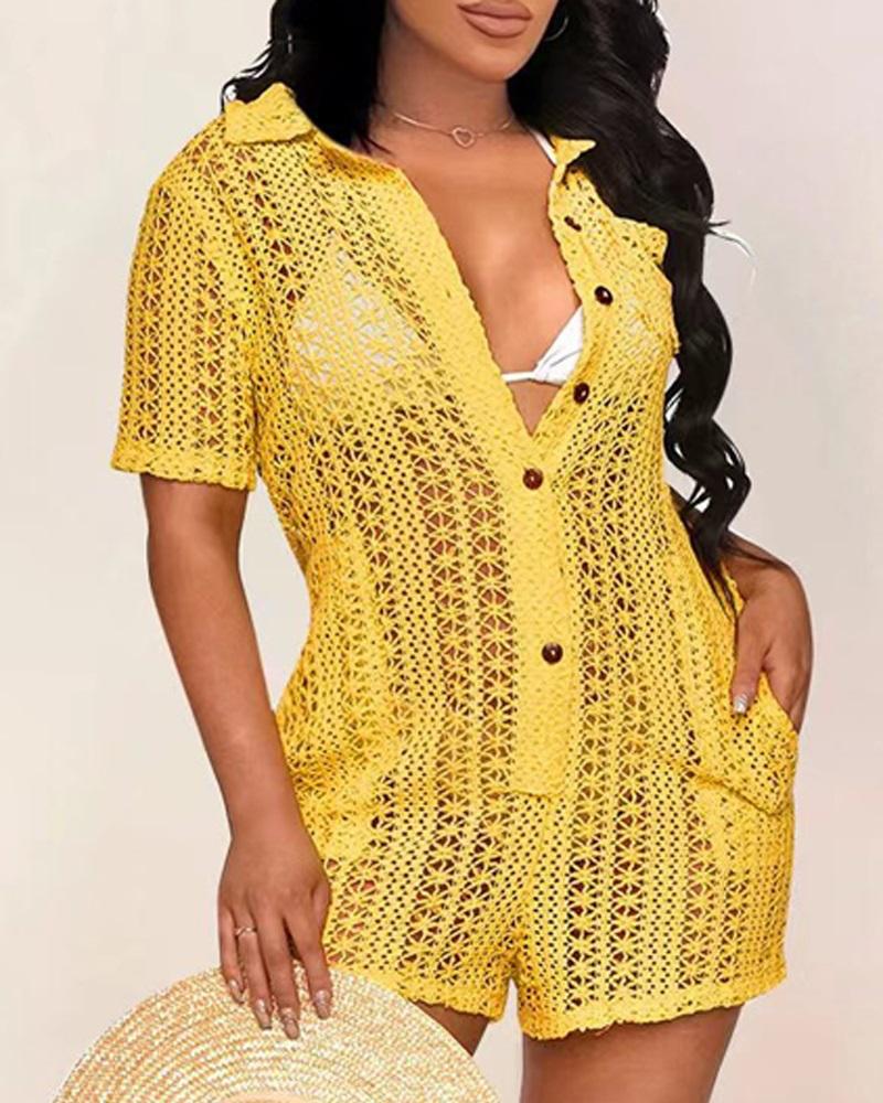 

Hollow Out Pocket Design Crochet Romper, Yellow