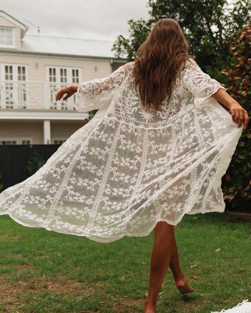 

Solid Lace Embroidery Three Quarter Sleeve Loose Open Front Cover Ups, White