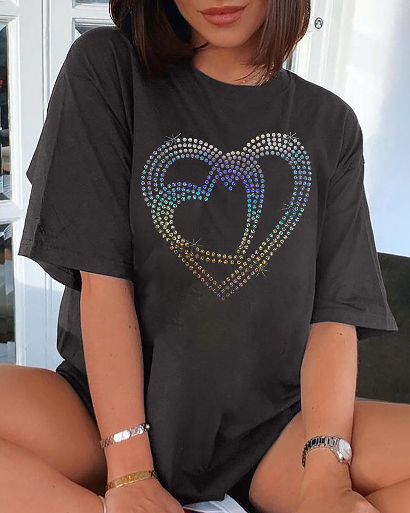 

Valentine' Day Sequins Heart Pattern Short Sleeve Top, Dark grey