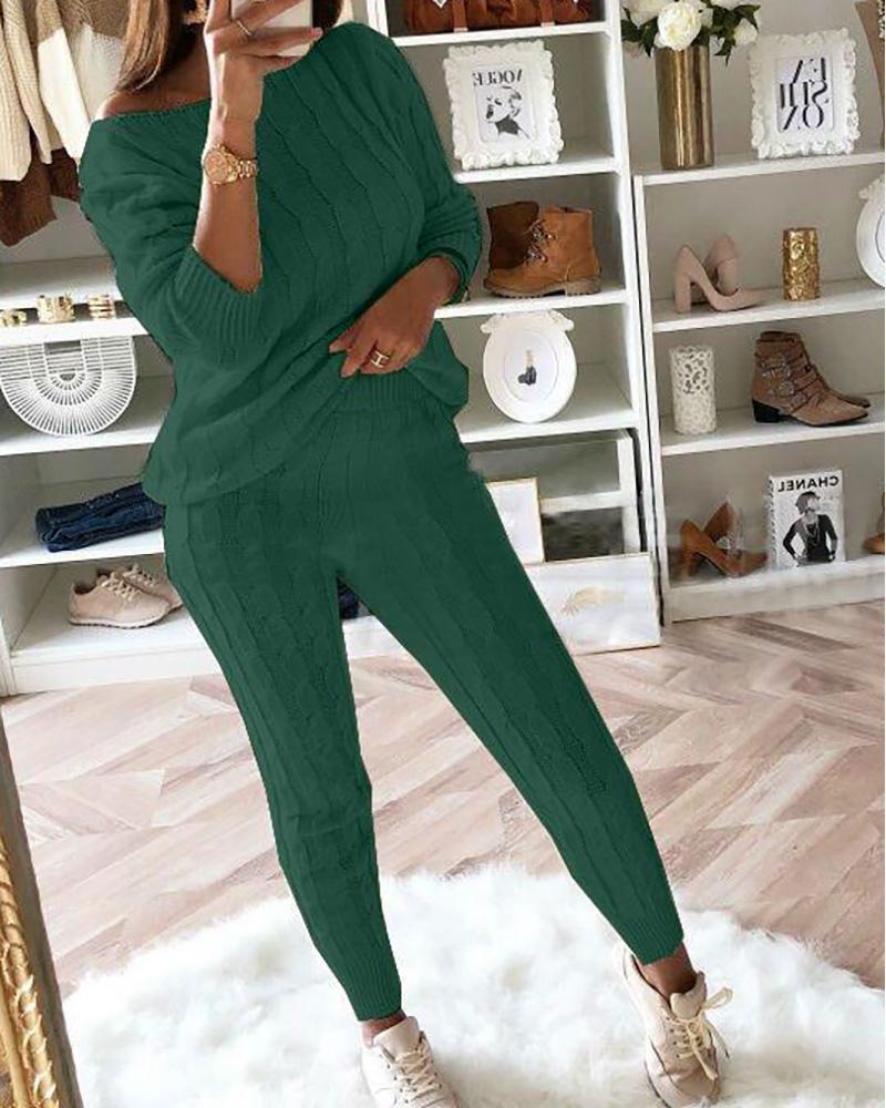 

Long Sleeve Knit Braided Sweater & High Waist Pants Set, Green