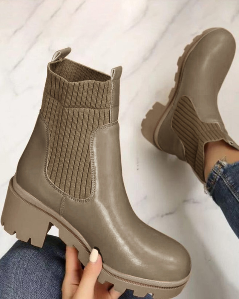 

Square Toe Knit Patch Martin Boots, Khaki