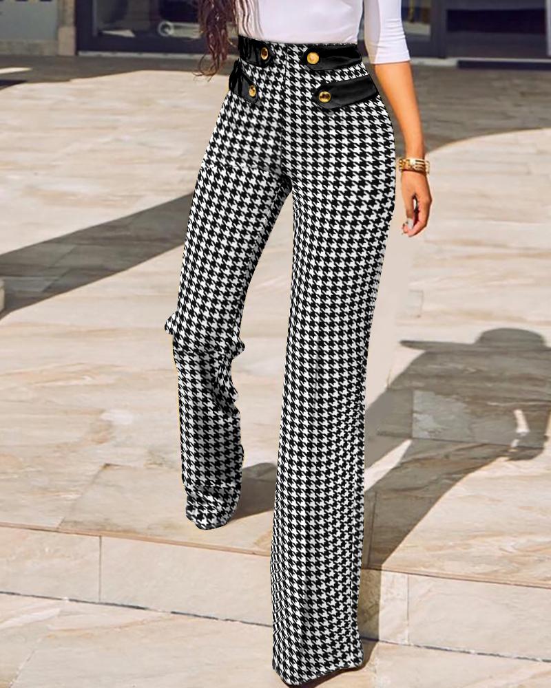 

Houndstooth Print Buttoned High Waist Wide Leg Tailored Pants, Black&white