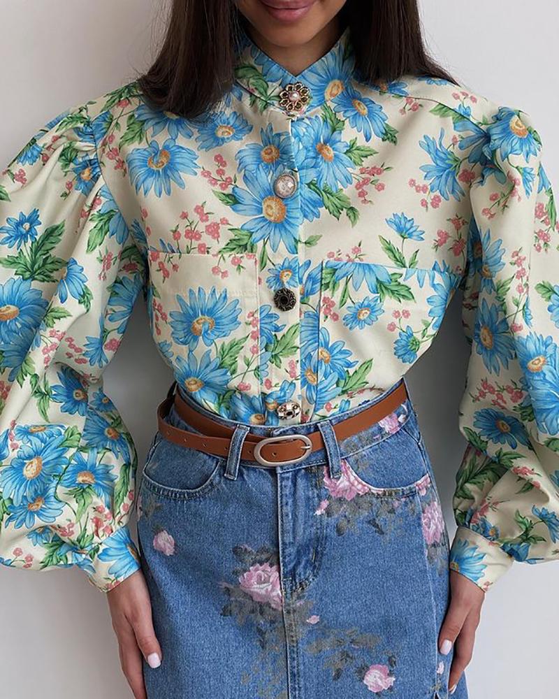 

Floral Print Buttoned Lantern Sleeve Top, Blue