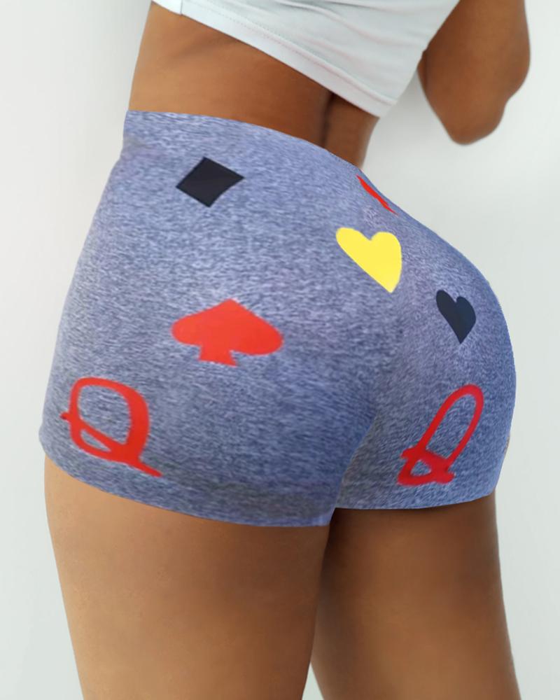 

Poker Print High Waist Casual Shorts, Gray