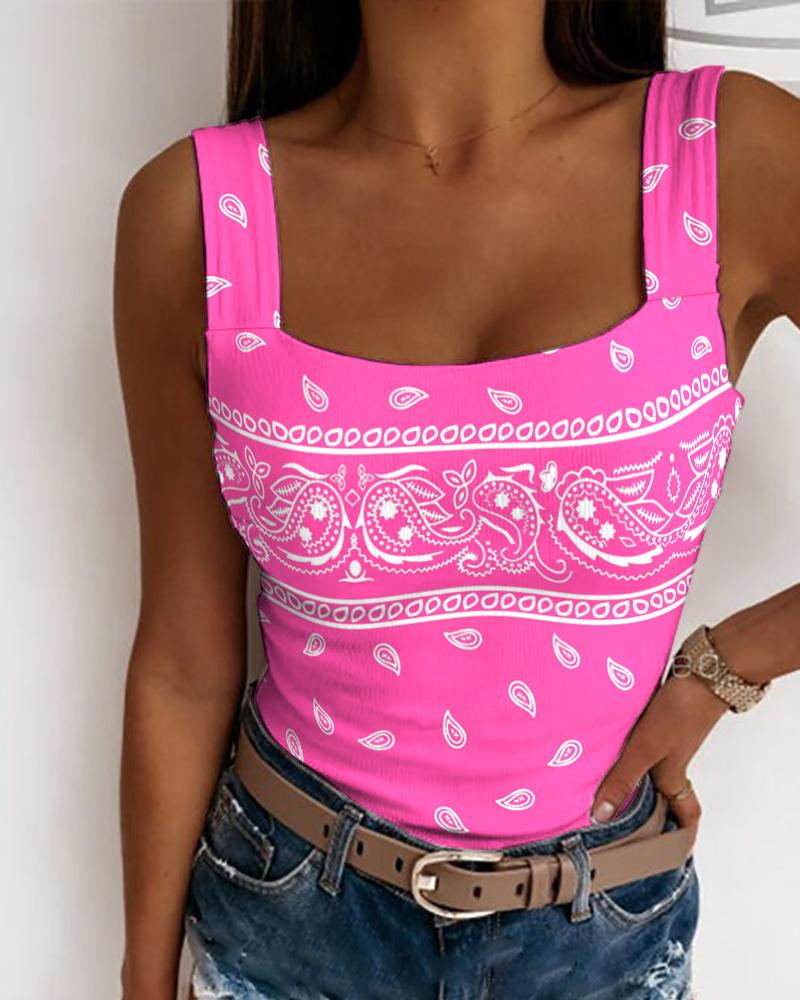 

Paisley Print Ribbed Tank Top, Hot pink