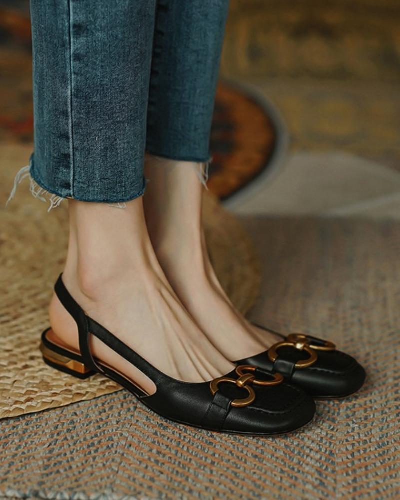 

Metal Buckle Sqaure Toe Slingback Flats, Black
