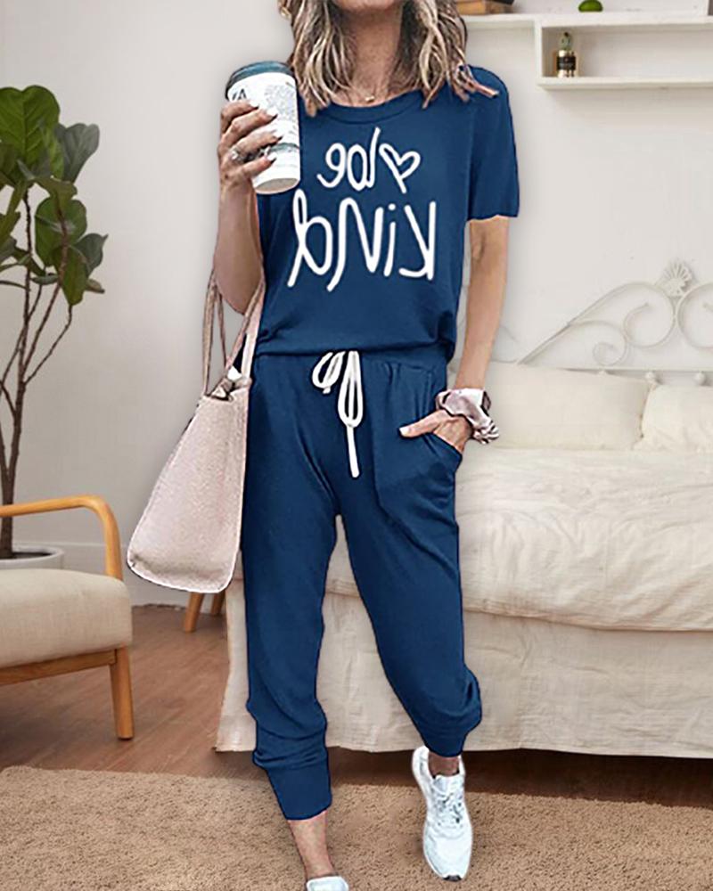 

Letter Print T-shirt & Drawstring Pocket Design Pants Set, Blue