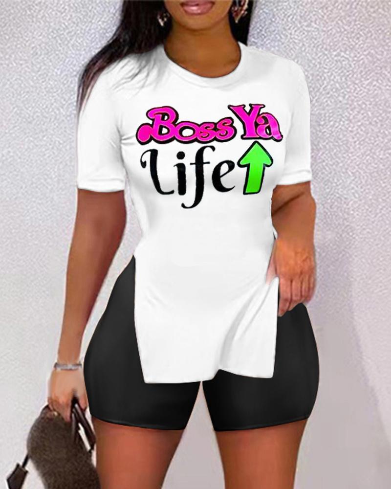 

Letter Print Split Hem Top & Shorts Set, Blackwhite