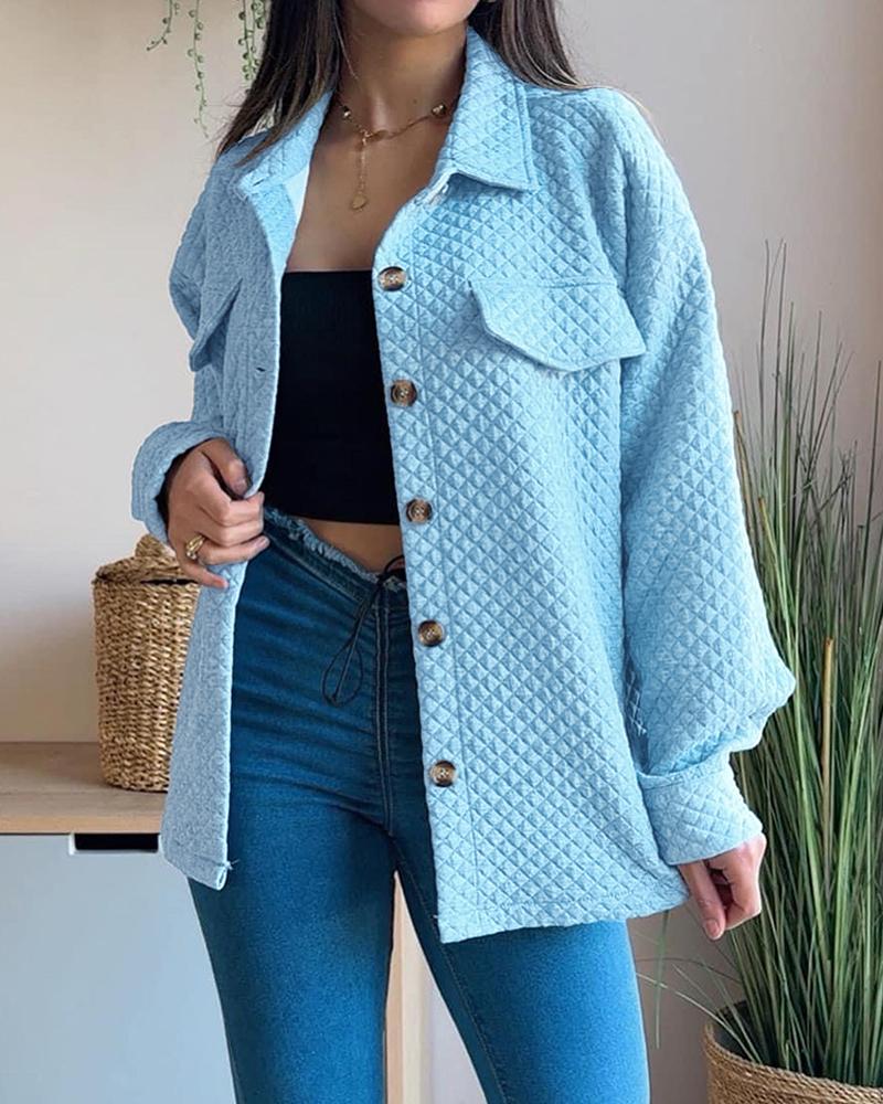 

Camisa de manga larga con estampado de diamantes y botones, con bolsillo, estilo informal, holgada, para otoño, Lighted blue