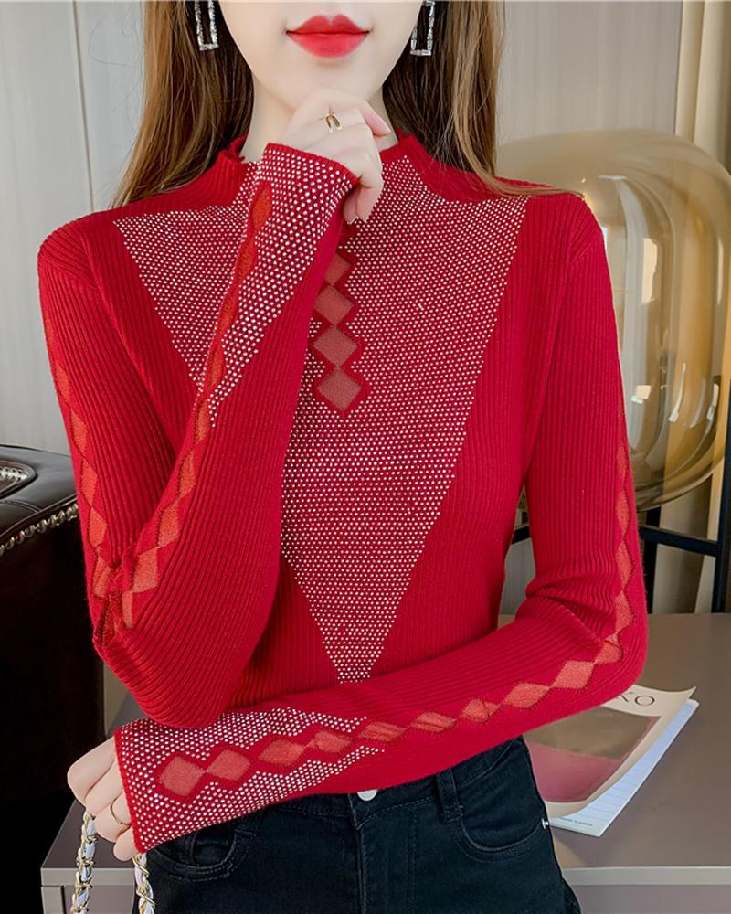 

Rhinestone Decor Contrast Mesh Long Sleeve Knit Top, Red