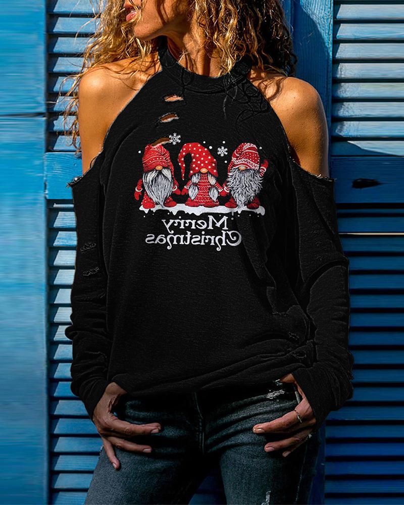 

Christmas Print Cold Shoulder Cutout Top, Style2