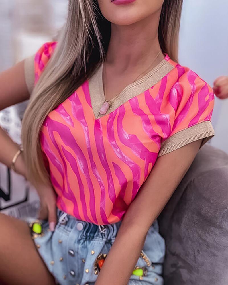 

Animal Abstract Striped Print V-Neck Casual Top, Hot pink