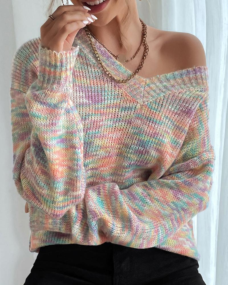 

Colorblock Knit Hollow Out V-Neck Sweater, Multicolor