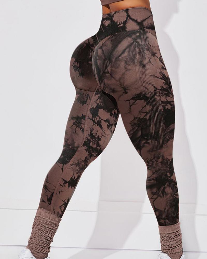 

Tie Dye Print Tummy Control Butt Lifting Yoga Pants, Dark brown