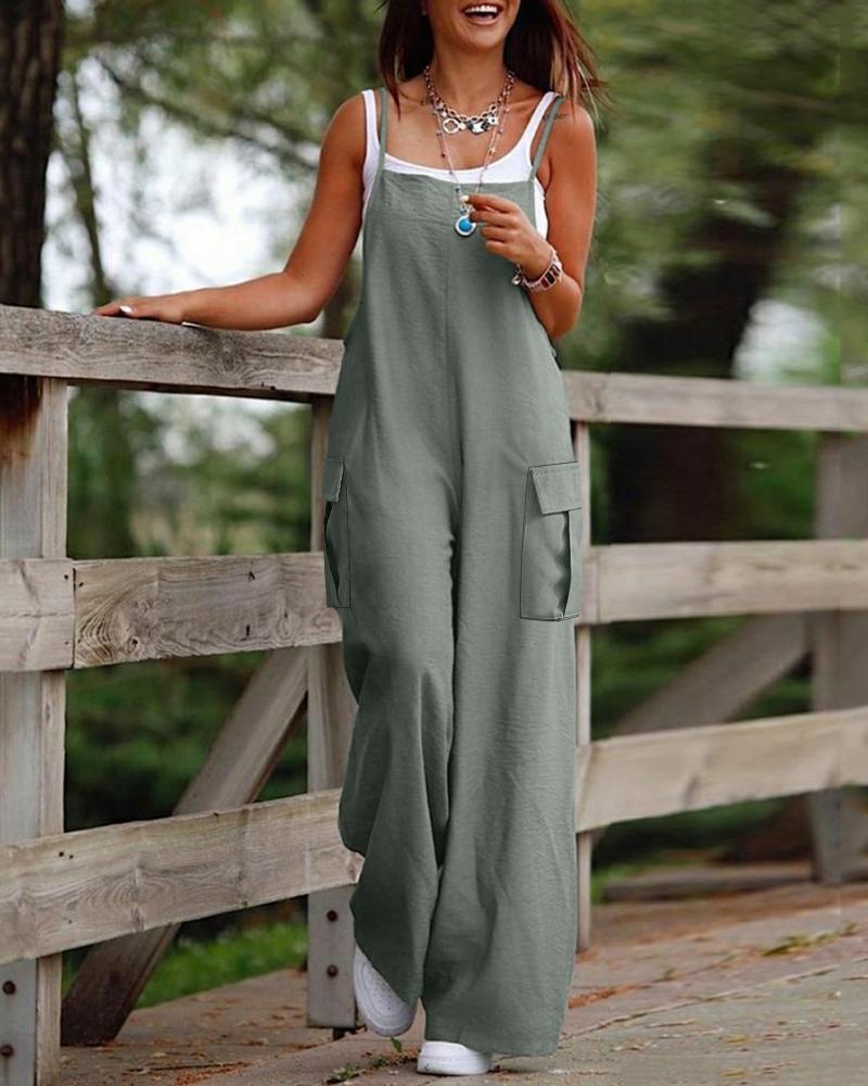 

Spaghetti Strap Pocket Design Suspender Jumpsuit, Green