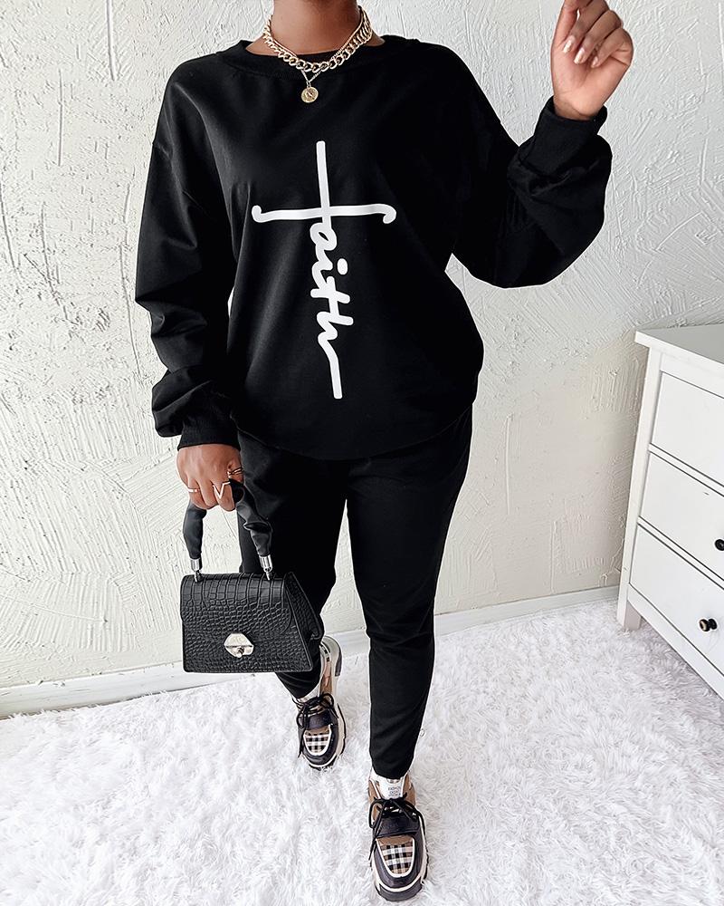 

Letter Print Long Sleeve Sweatshirt & Pants Set, Black