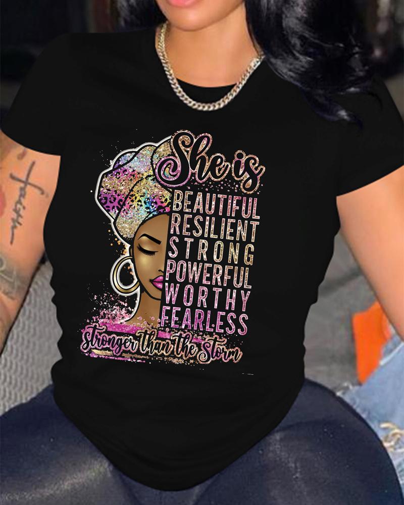 

Figure Letter Print Casual T-shirt, Black