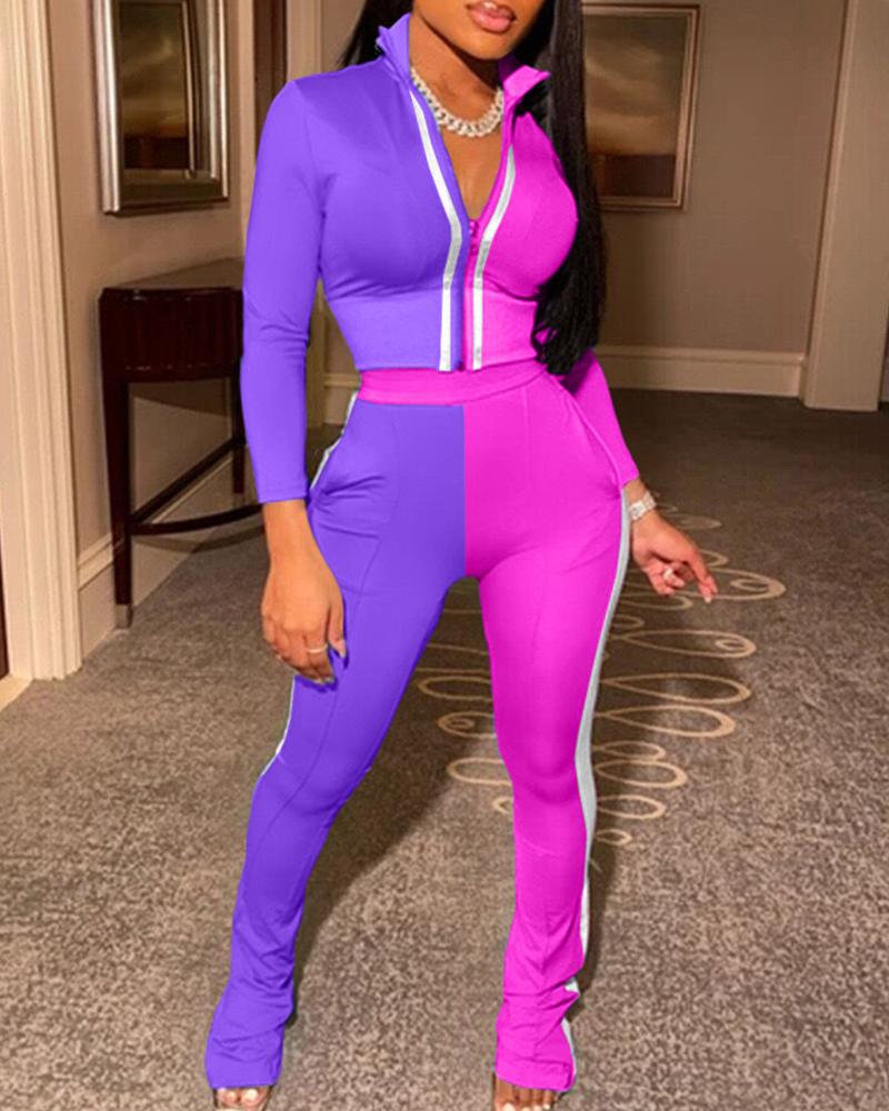 

Colorblock Long Sleeve Suit Sets, Purple
