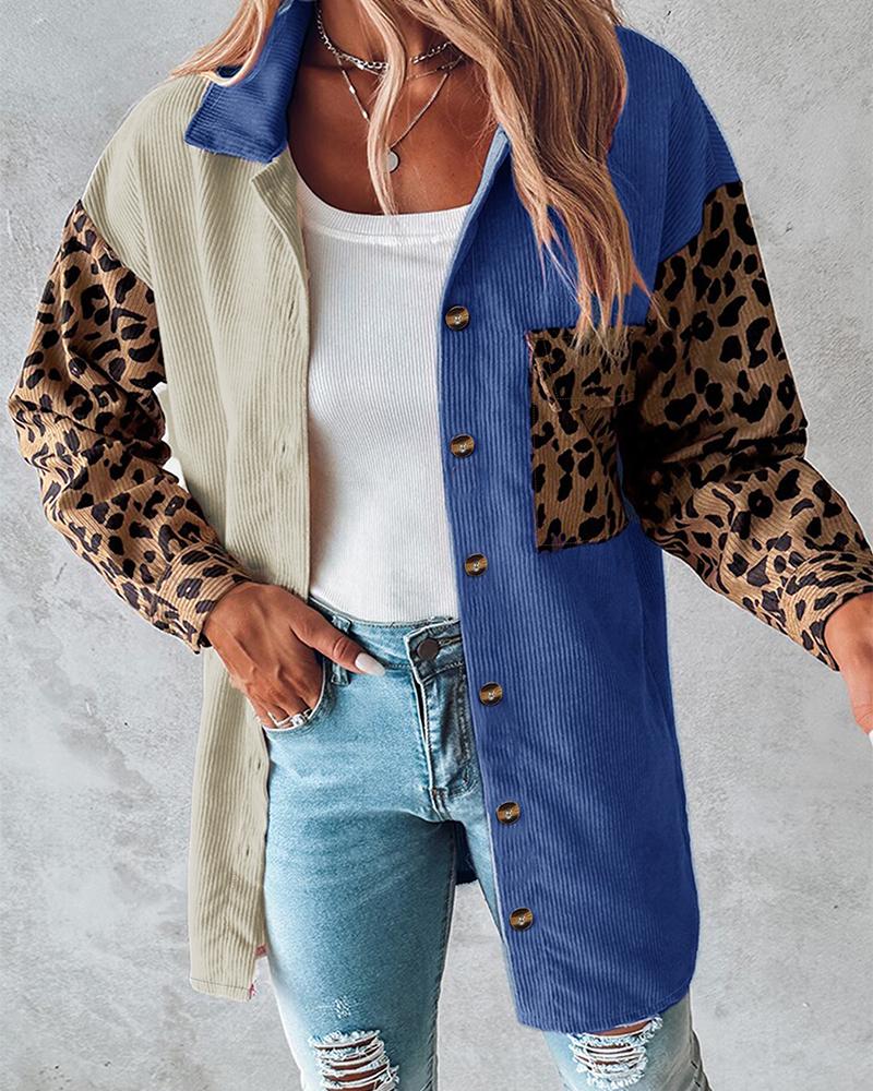 

Colorblock Leopard Print Corduroy Shacket, Blue